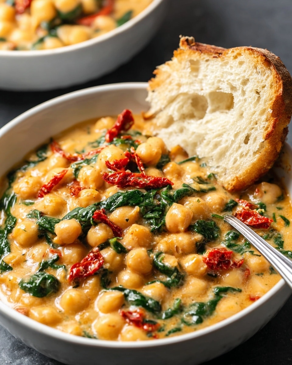 A close-up of a white bowl filled with thick creamy chickpea stew showing three layers: the chickpeas in pale yellow color, the green spinach leaves mixed inside, and strips of red sun-dried tomatoes. The dish has a smooth, slightly chunky texture with a rich sauce coating every piece. A silver spoon rests inside the bowl on one side, and a piece of light golden toasted bread with a porous texture is dipped along the edge of the bowl. The bowl sits on a dark surface, and a blurred second bowl with the same stew is in the background. photo taken with an iphone --ar 4:5 --v 7