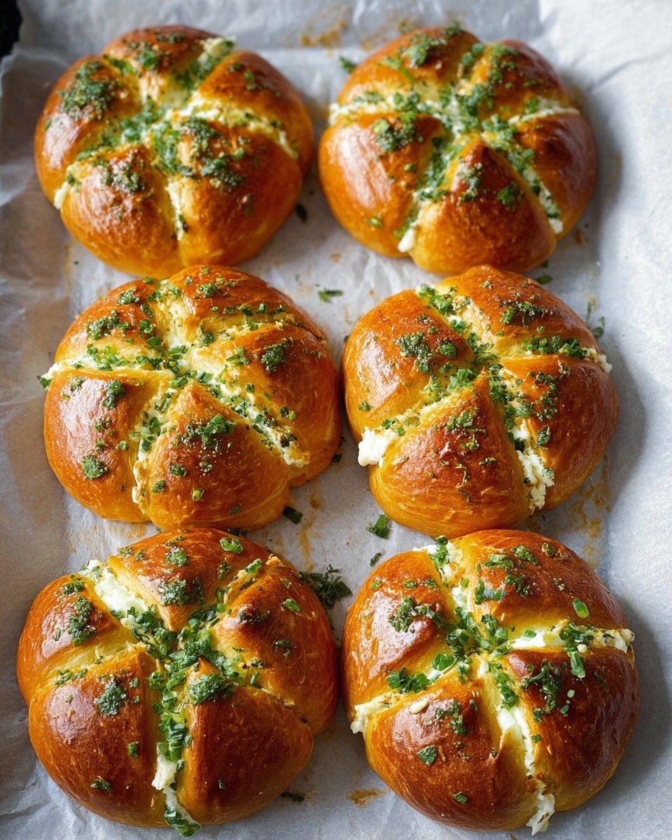 The image shows seven round, golden brown bread buns placed on white parchment paper, arranged in two rows with three buns in the top row and four in the bottom row. Each bun is cut into eight sections but still held together at the base, revealing a creamy white cheese layer inside. The top surface of the buns is shiny and sprinkled with finely chopped green herbs, adding specks of fresh green color. The texture of the bread is soft and fluffy with crispy edges where it is sliced open. photo taken with an iphone --ar 4:5 --v 7