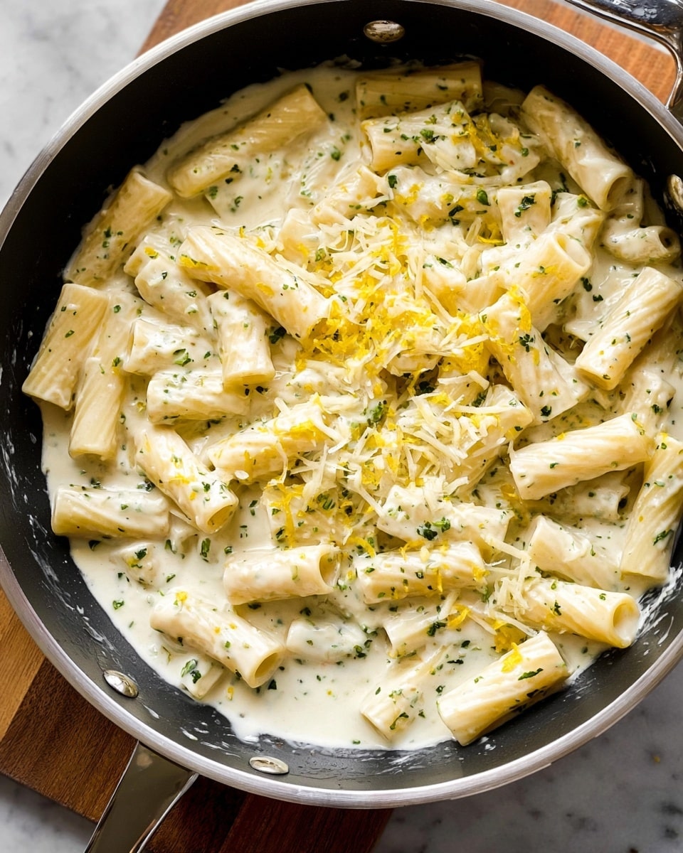 The image shows rigatoni pasta mixed in a creamy, white sauce speckled with small green herbs, sitting in a black pan with a silver rim. The sauce covers the pasta evenly, and there are fine shavings of cheese and a few tiny yellow zest pieces scattered on top, adding a light texture. The pan is placed on a flat white marbled surface, with part of a wooden board visible in the background. photo taken with an iphone --ar 4:5 --v 7