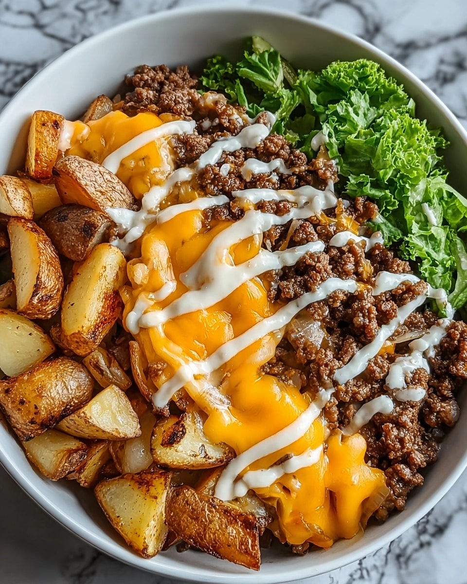 This dish is presented in a white bowl set on a white marbled surface, featuring a layered mix of food. The bottom layer has golden-brown roasted potato wedges on the left side, with a slightly crispy skin and soft inside. On the right side, there is a base layer of cooked ground beef with small pieces of browned onions scattered throughout. Melted bright orange cheddar cheese is generously spread over the beef, topped with crisscrossing white creamy sauce drizzle. At the top edge, there is a small portion of fresh green leafy lettuce adding a touch of color contrast. Photo taken with an iphone --ar 4:5 --v 7