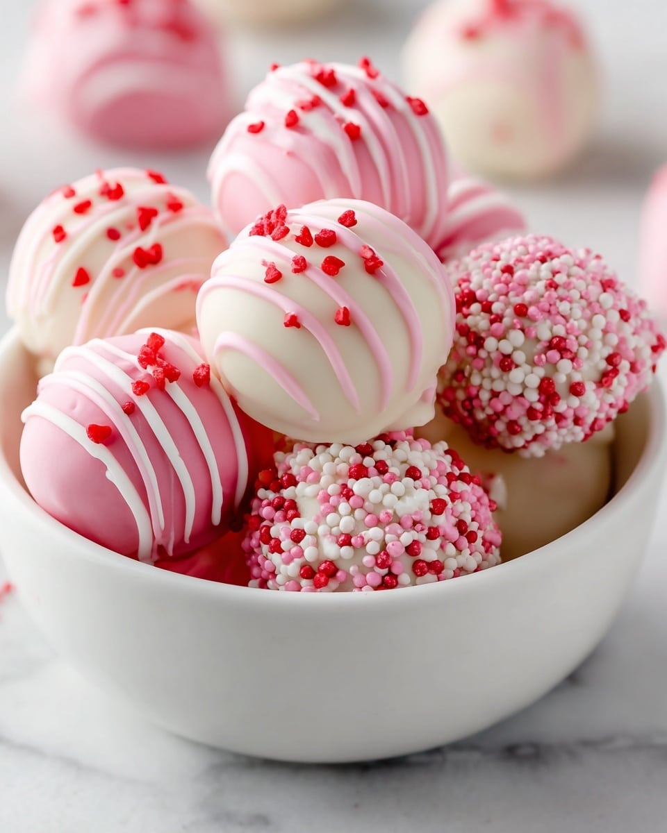 A white bowl filled with round cake balls, each decorated differently in soft tones of white and pink. One type is fully covered in smooth white coating with thin pink stripes drizzled over, topped with tiny red heart sprinkles. Another type is dipped entirely in pink with white stripe drizzle. The last type is coated white and heavily sprinkled with small red, white, and pink round and heart-shaped sprinkles, giving a textured look. The bowl sits on a white marbled surface with more cake balls slightly blurred in the background. photo taken with an iphone --ar 4:5 --v 7