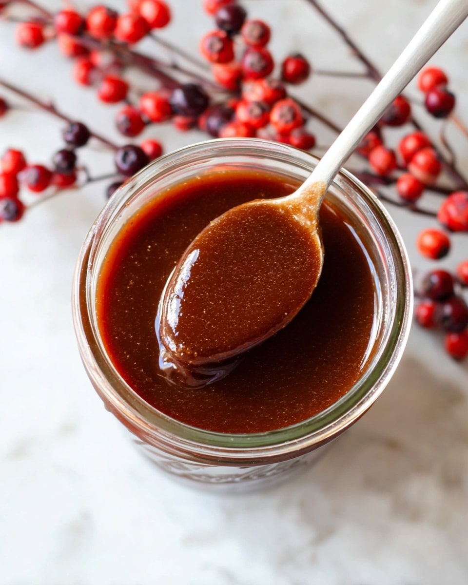A clear glass jar filled with a smooth, thick layer of dark reddish-brown sauce is shown from above. A silver spoon holds a portion of the sauce, displaying a glossy, slightly grainy texture. In the background, there are red and dark red round berries on thin branches, all set on a white marbled surface. photo taken with an iphone --ar 4:5 --v 7
