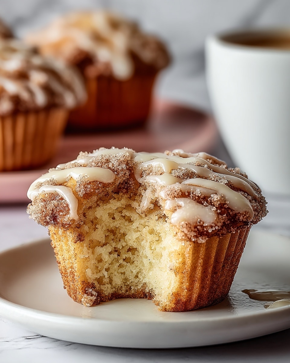 The image shows a close-up of a cupcake with a bite taken out of it, revealing its soft and fluffy light beige inside. It has a crumbly golden brown topping sprinkled with sugar and drizzled with white icing, giving a sugary and textured look. The cupcake sits on a white plate with a smooth finish, and in the background, there are two more similar cupcakes and a soft blurred white cup, all set against a white marbled surface. photo taken with an iphone --ar 4:5 --v 7