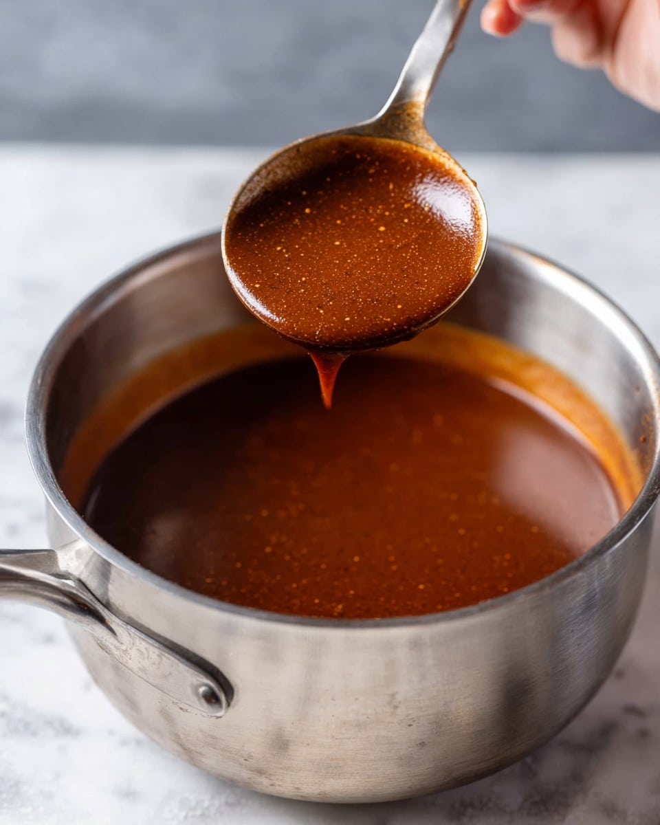 A close-up view of a shiny silver pot on a white marbled surface, filled with a smooth, thick dark reddish-brown sauce with small specks of spices. A ladle, held by a woman's hand at the top right, lifts up a generous scoop of the sauce, showing its slightly glossy and rich texture. The background is softly blurred, placing emphasis on the ladle and sauce. photo taken with an iphone --ar 4:5 --v 7
