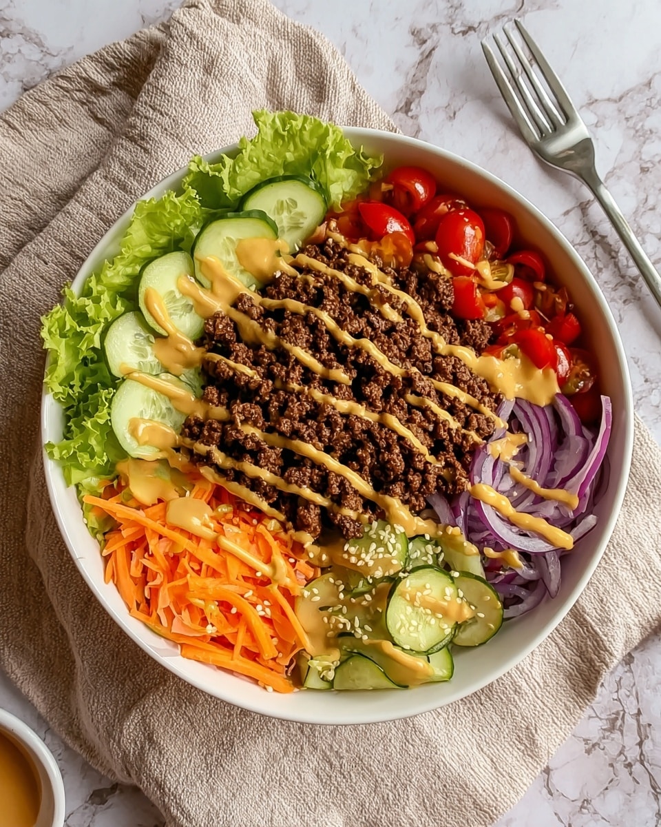 A white bowl contains six visible layers of a fresh dish, each arranged in sections. On the top left, there is bright green lettuce with a few thin cucumber slices beneath. To the right of it are bright red halved cherry tomatoes. In the middle, there is a thick layer of cooked ground meat, dark brown in color, drizzled with a light tan sauce in thin lines. To the right of the meat are thinly sliced green pickles with some sauce drizzle and sprinkled sesame seeds. On the bottom right, purple onion slices are partially covered by sauce. The bottom left holds shredded bright orange carrots with a few sesame seeds. The bowl sits on a beige cloth over a white marbled surface next to a silver fork. photo taken with an iphone --ar 4:5 --v 7