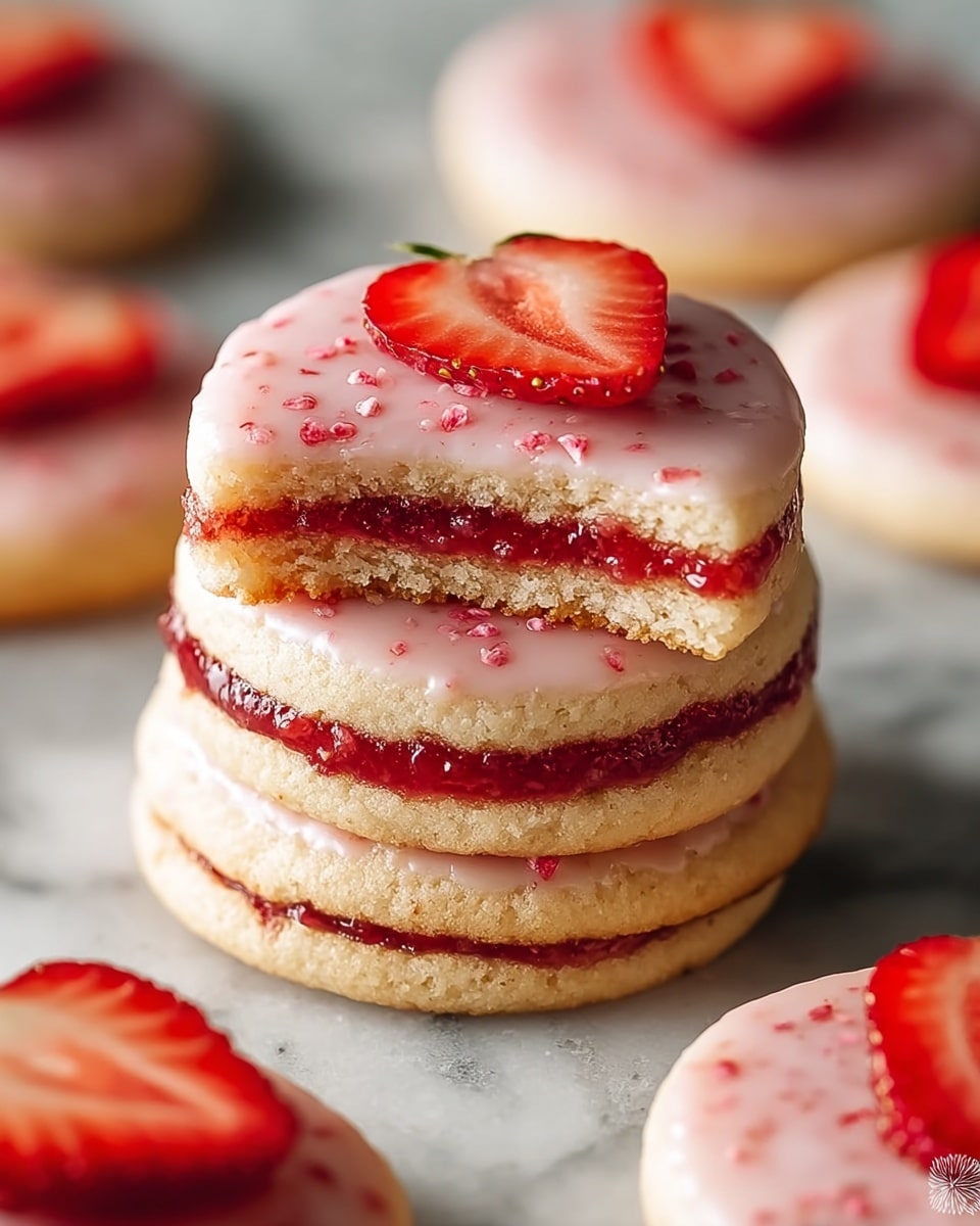 A stack of three round strawberry cookies is shown on a white marbled surface, each cookie with three visible layers: a soft golden-brown cookie base, a thick layer of bright red strawberry jam in the middle, and a glossy light pink glaze on top sprinkled with small bits of strawberry and decorated with two thin, fresh red strawberry slices. Around the stack, there are more cookies with the same pink topping and strawberry slices, all resting on the white marbled texture. Photo taken with an iphone --ar 4:5 --v 7