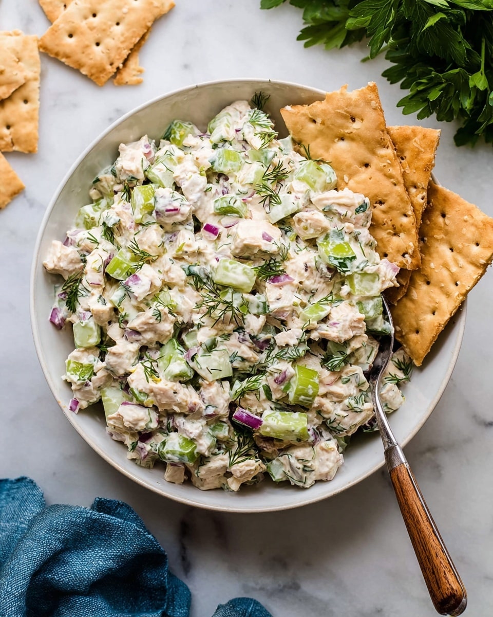 A white bowl filled with a creamy chicken salad that has three visible layers of ingredients: the base layer of small white chicken pieces mixed with light green celery chunks, finely chopped red onions, and sprigs of dark green dill all mixed in a creamy light beige dressing. On the right side of the bowl, three tan pita chips lean on the salad, showing their slightly toasted texture and hole patterns, with some crackers scattered nearby on a white marbled surface. A metal spoon with a wooden handle rests inside the bowl on the right, partially covered by the salad. There is some fresh parsley with dark green, broad leaves placed at the top right corner near the bowl, and a soft, crumpled blue cloth is visible at the bottom right of the frame. Photo taken with an iphone --ar 4:5 --v 7