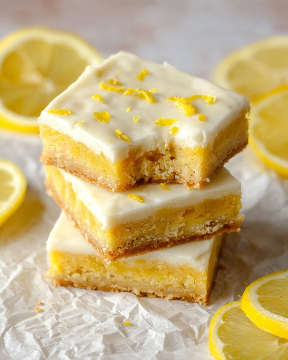 The image shows a stack of three lemon bars placed on crinkled parchment paper over a white marbled surface. Each lemon bar has two layers: a thick, golden-yellow base with a crumbly texture, topped by a smooth, creamy white icing layer with small bits of bright yellow lemon zest scattered on top. The lemon bar on the top of the stack has a small bite taken out of one corner, revealing the soft, chewy texture of the base layer. Around the stack, there are several lemon slices in a bright yellow color, adding a fresh and vibrant feel to the composition. Photo taken with an iphone --ar 4:5 --v 7