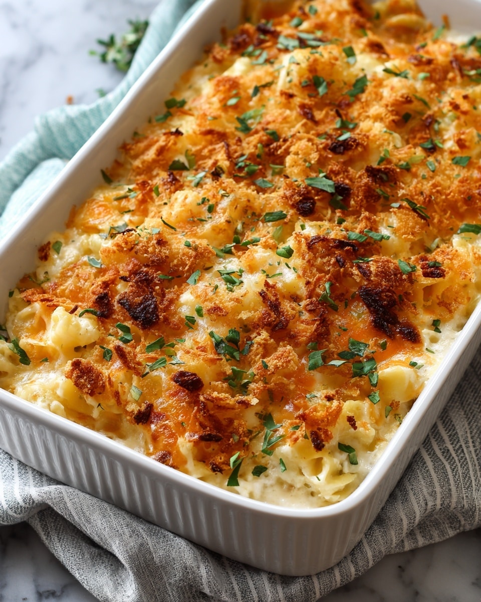 A baked dish in a white ceramic rectangular baking dish with ridged sides, filled with three visible layers: the bottom layer is creamy and light, likely a cheesy sauce mixed with pasta, the middle layer shows cooked pasta covered in melted golden brown cheese with crispy, darker brown breadcrumb spots scattered across the top, and small green leafy herbs sprinkled evenly over the surface as garnish. The background is a white marbled texture, with a folded striped kitchen towel underneath the dish. Photo taken with an iphone --ar 4:5 --v 7