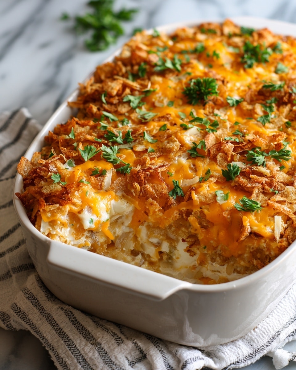 A baked casserole dish filled with three visible layers: the bottom layer is creamy and light beige, likely a sauce mixed with small white chunks; the middle layer consists of melted yellow-orange cheese that covers the surface unevenly; the top layer is a mix of crispy, golden brown crumb topping and melted shredded cheese, scattered with fresh green parsley leaves for color contrast. The dish is in a white ceramic baking dish with a smooth texture, set on a white marbled textured surface with a white and gray striped cloth underneath. photo taken with an iphone --ar 4:5 --v 7
