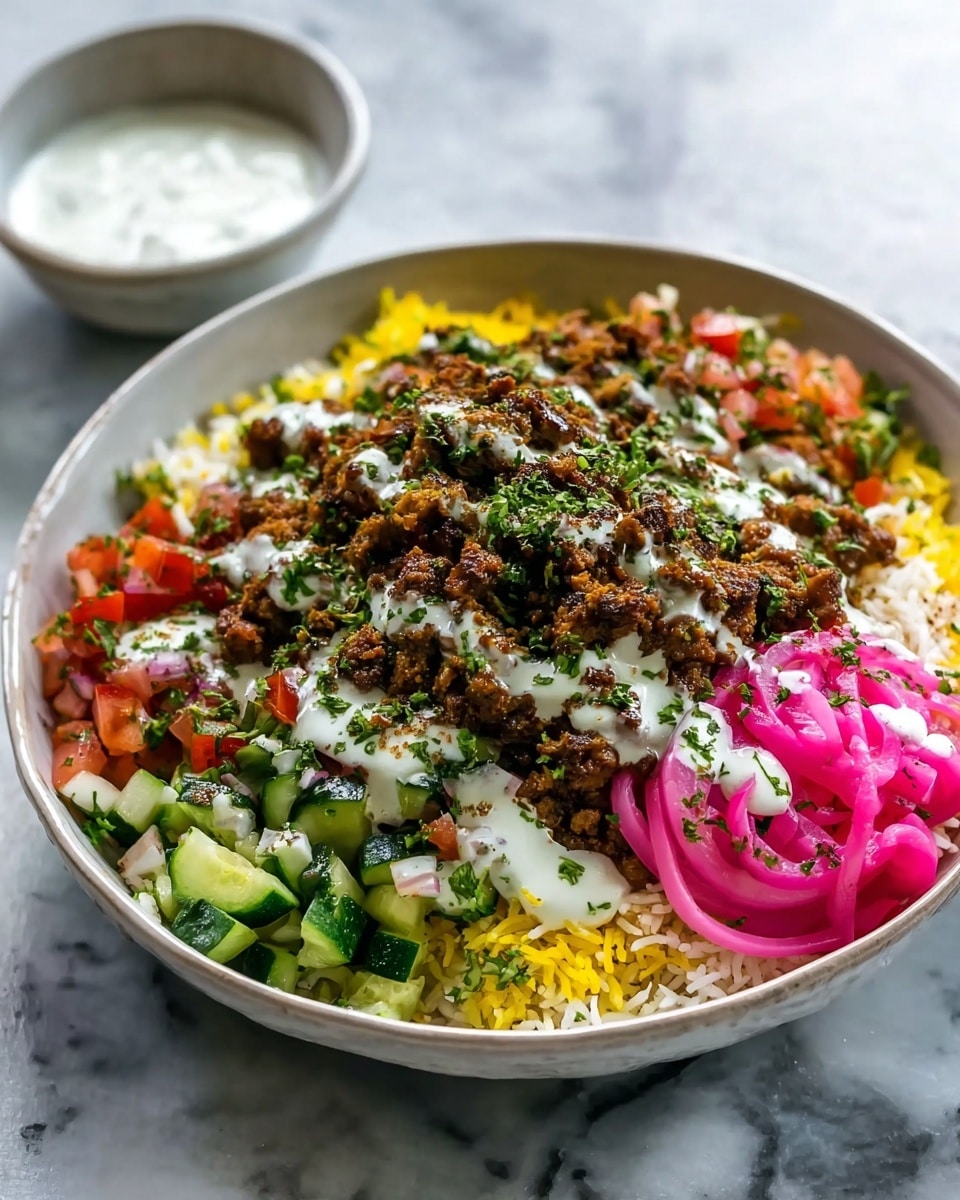 A large white bowl holds a colorful layered dish starting with a base of white and yellow rice at the bottom, giving a soft fluffy texture. On top of this base, there is a pile of seasoned browned ground meat in the center with a slightly crumbly texture, drizzled with a creamy white sauce. To the right side, bright pink pickled onions form a neat curved layer. On the left side, fresh diced vegetables including green cucumbers and red tomatoes add a mix of smooth and juicy textures and vibrant colors. The dish is garnished with finely chopped green herbs scattered over the top. The bowl sits on a white marbled surface with a small white bowl containing extra creamy sauce in the blurred background. Photo taken with an iphone --ar 4:5 --v 7