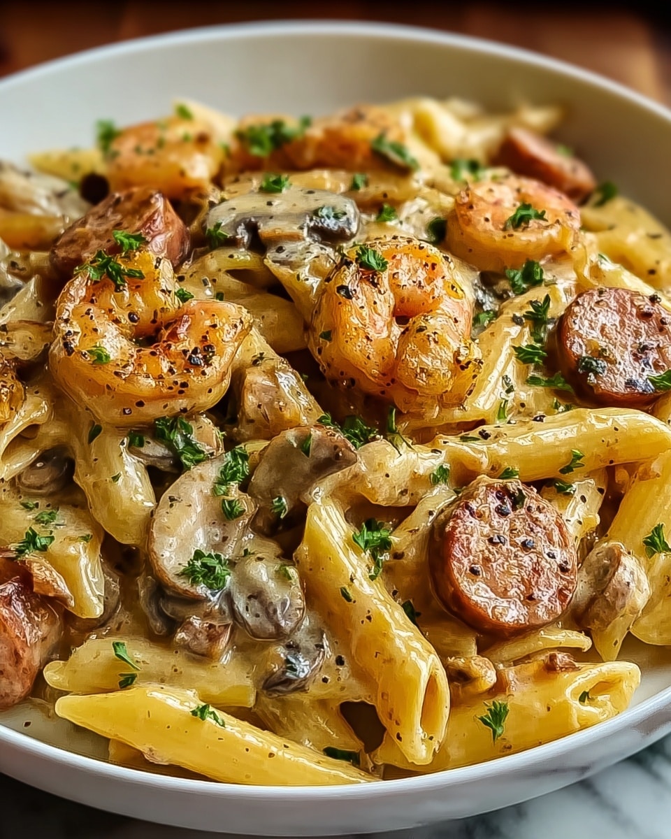 A white bowl filled with creamy yellow pasta penne mixed with light brown cooked sausage slices and light orange shrimp, all coated in a smooth cream sauce. There are scattered pieces of mushrooms with a soft beige color and tiny bright green chopped parsley sprinkled on top. The dish has a thick, rich texture with visible black pepper specks. The background shows a warm, blurred setting with a white marbled surface. photo taken with an iphone --ar 4:5 --v 7