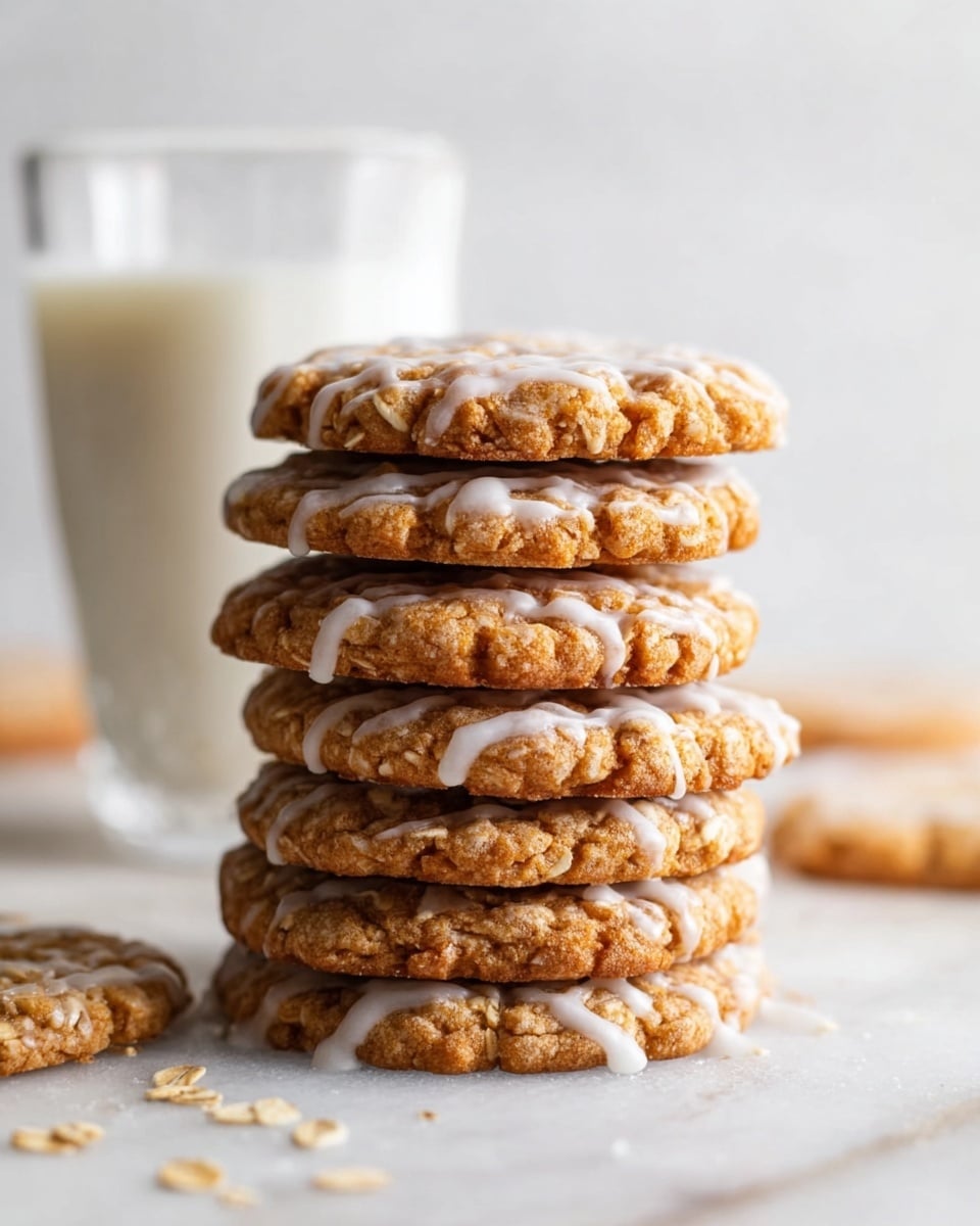 A stack of six round oatmeal cookies with a light brown, crumbly texture is shown. Each cookie has a thin layer of white icing drizzled unevenly on top, highlighting the oat pieces embedded in the cookies. The cookies are stacked slightly leaning, creating a sense of height and depth. Behind the stack, there is a clear glass filled with white milk, placed on a white marbled surface, which adds brightness to the scene. Scattered oat pieces and a few more cookies are softly blurred in the background, enhancing the focus on the stacked cookies in front. Photo taken with an iphone --ar 4:5 --v 7