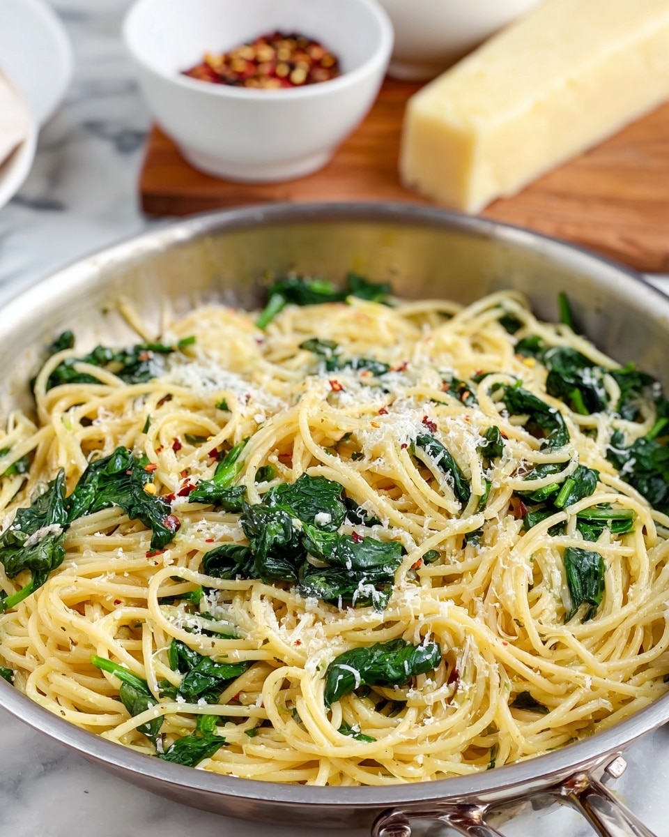 The image shows a close-up of a silver pan filled with cooked spaghetti noodles mixed with dark green spinach leaves scattered evenly throughout. The spaghetti is light yellow and looks glossy, slightly twisted and coated with grated white cheese sprinkled on top alongside small bits of red pepper flakes. In the background, there is a white bowl with red pepper flakes and a light wooden cutting board holding a wedge of pale yellow cheese, all placed on a white marbled surface. photo taken with an iphone --ar 4:5 --v 7