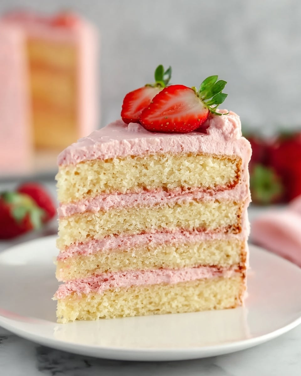 A slice of cake with four layers of light yellow sponge and three layers of pale pink frosting between them, all covered in the same pink frosting on top and sides. Two small red strawberries cut in half with green leaves are placed on top of the cake slice. The cake sits on a white plate on a white marbled surface, with some whole strawberries blurred in the background. Photo taken with an iphone --ar 4:5 --v 7