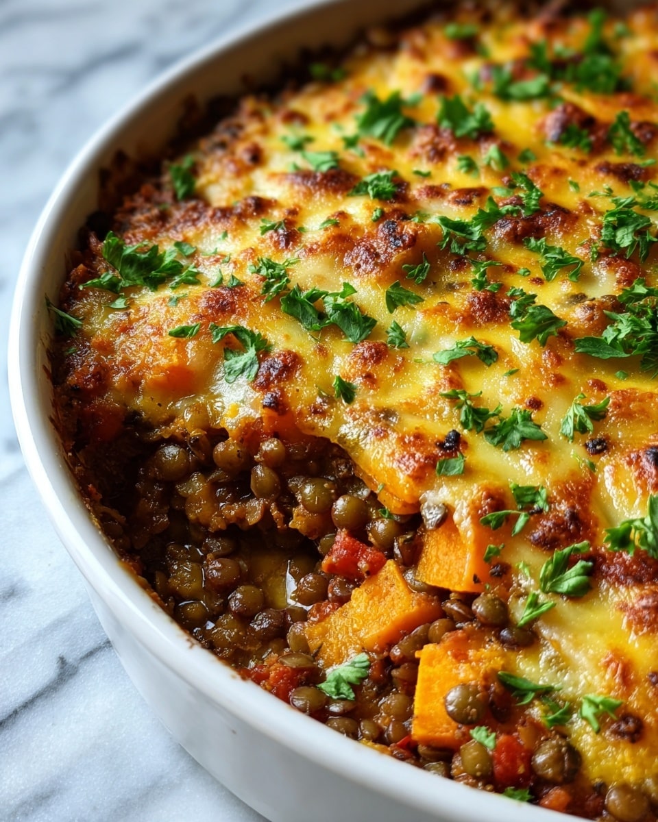 A close-up view of a baked dish in a white round ceramic dish, showing multiple layers. The bottom layer consists of small, round, green and brown lentils mixed with finely chopped tomatoes and herbs. Above this is a thick layer of melted golden-yellow cheese with browned spots from baking. Scattered throughout the layers are visible chunks of soft, orange-yellow sweet potato pieces. The top is garnished with fresh, chopped green parsley adding a bright contrast. The dish sits on a white marbled surface. photo taken with an iphone --ar 4:5 --v 7