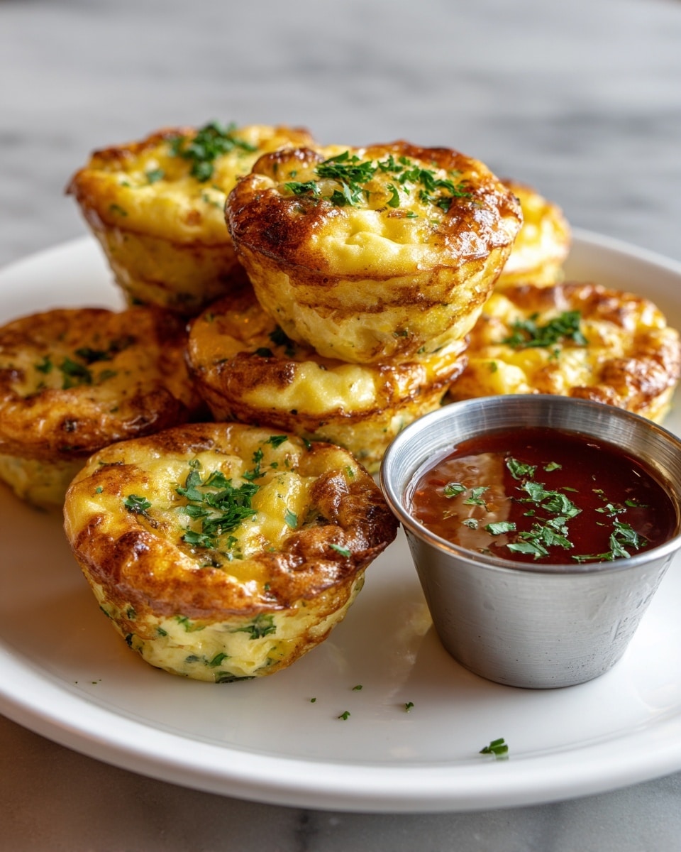 A white plate holds a stack of seven small egg muffins with a golden brown, slightly crispy outer layer and a soft, yellow, cheesy inside mixed with small green herb bits. Each muffin has a rounded shape with a browned, textured top sprinkled with fresh green parsley. To the side of the muffins, there is a small white metal cup filled with a dark red-brown sauce, garnished lightly with herbs. The plate sits on a white marbled surface, giving a clean and bright look. photo taken with an iphone --ar 4:5 --v 7