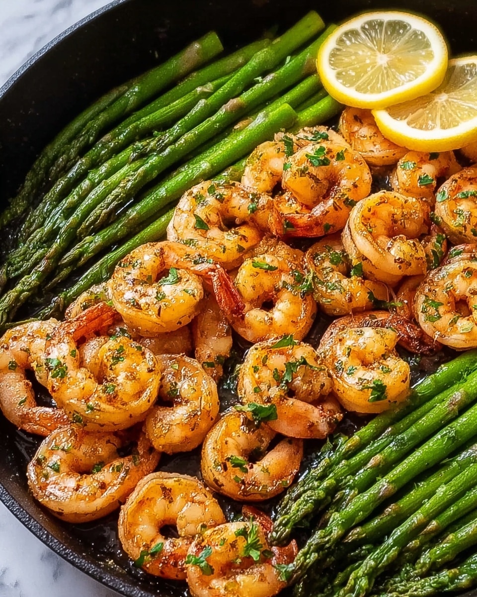 A close-up view of a black pan filled with cooked shrimp and green asparagus arranged in two layers; the bottom layer is made up of bright green asparagus spears, while the top layer has golden-orange shrimp with a slight char and sprinkled with chopped green herbs, with two thin slices of yellow lemon placed on the top right. The background is a white marbled texture. photo taken with an iphone --ar 4:5 --v 7