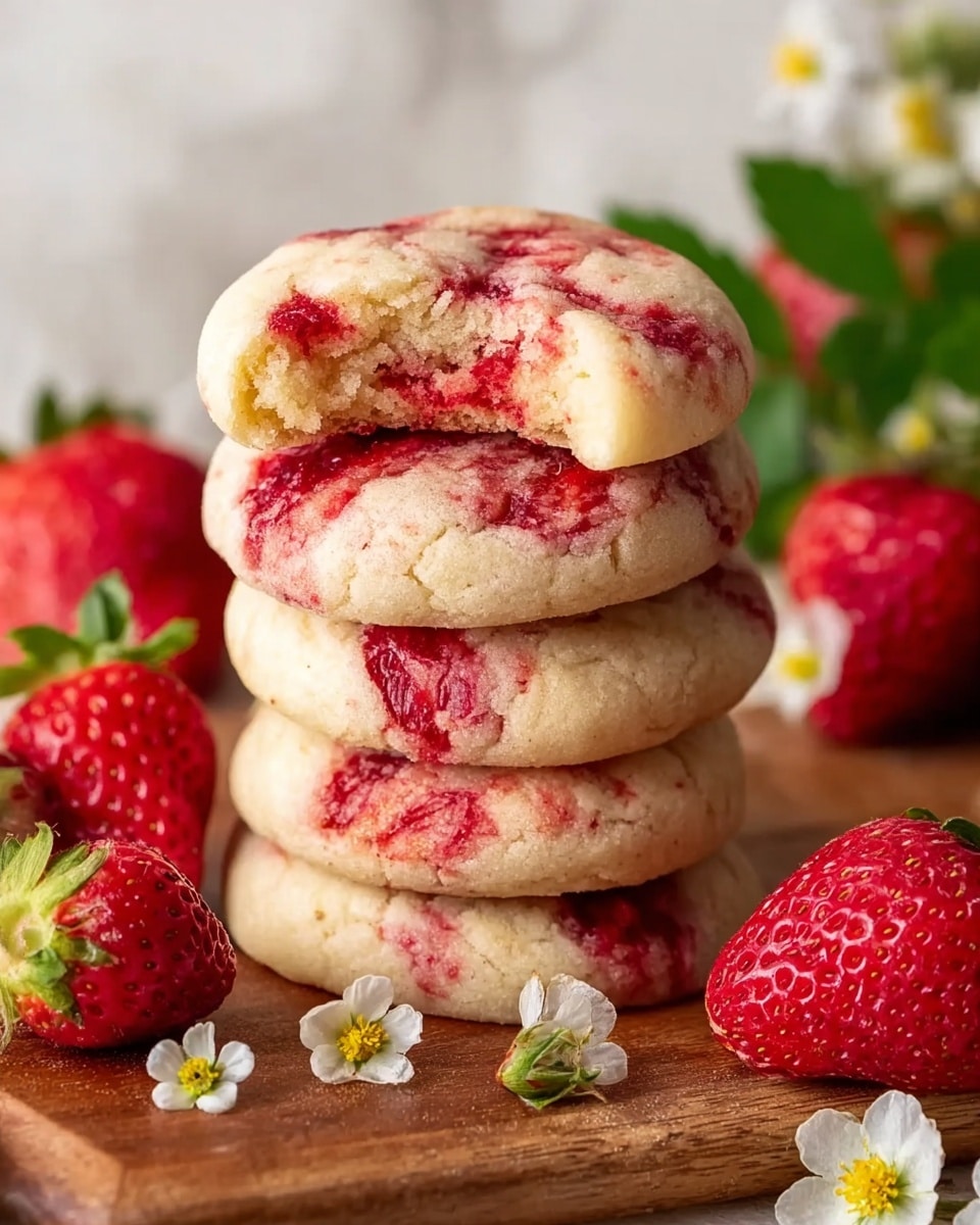 A stack of four soft, round cookies with a light beige base, scattered with swirls and spots of bright red strawberry pieces, sits on a wooden board. The top cookie has a bite taken out showing a slightly chewy texture inside. Surrounding the stack are whole vibrant red strawberries with green leaves and small white flowers with yellow centers, adding a fresh, natural touch. The background is a white marbled texture. photo taken with an iphone --ar 4:5 --v 7