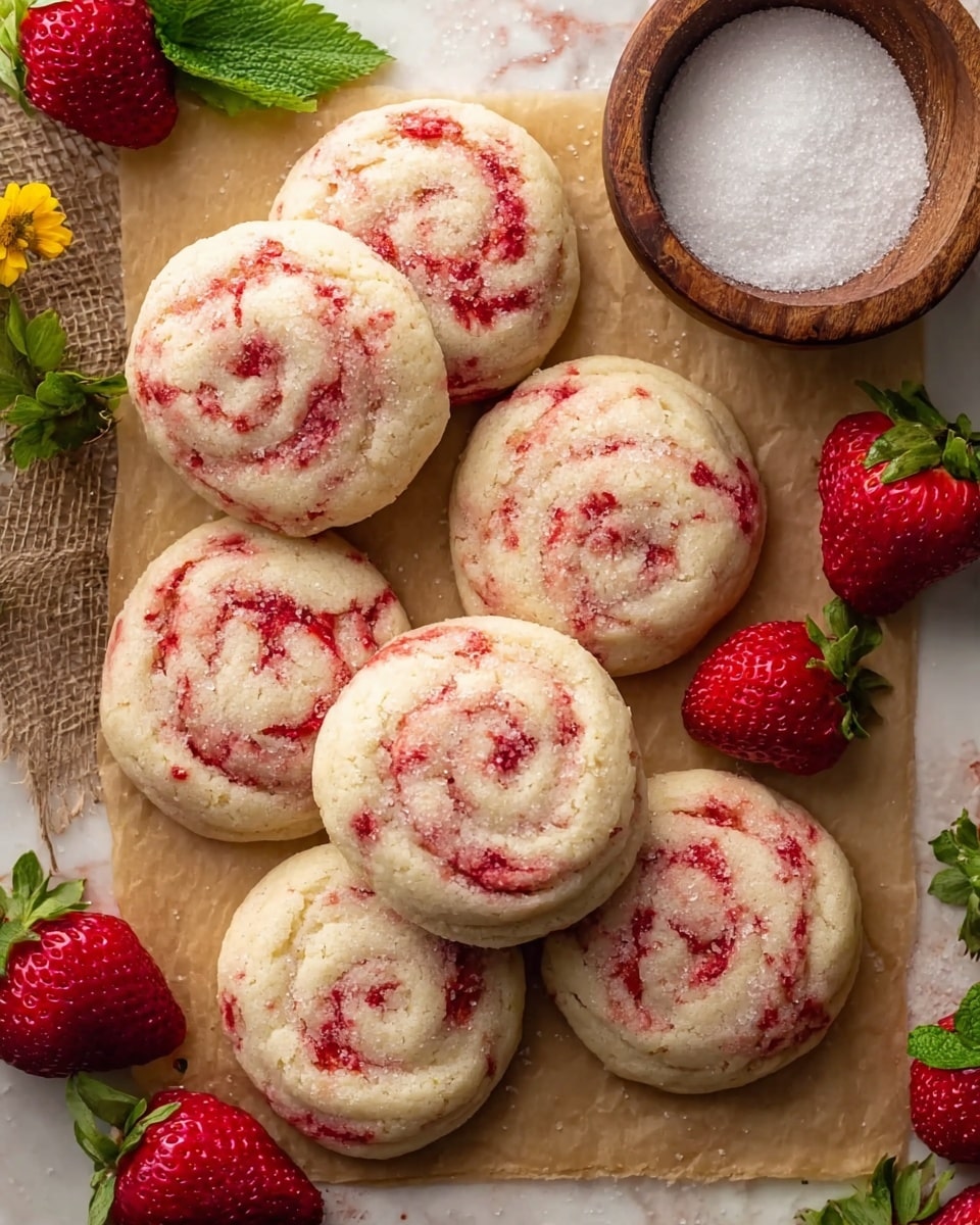 Seven round cookies with a pale base color and red swirls spread across their surface are arranged on light brown parchment paper. The cookies have a soft, slightly puffy texture with smooth, rounded tops showing irregular but visible swirls of red throughout. Surrounding the cookies are several bright red strawberries with green leaves, some whole and some showing their seeds clearly. A small wooden bowl filled with white granulated sugar sits in the top right corner. A white marbled texture forms the background. photo taken with an iphone --ar 4:5 --v 7