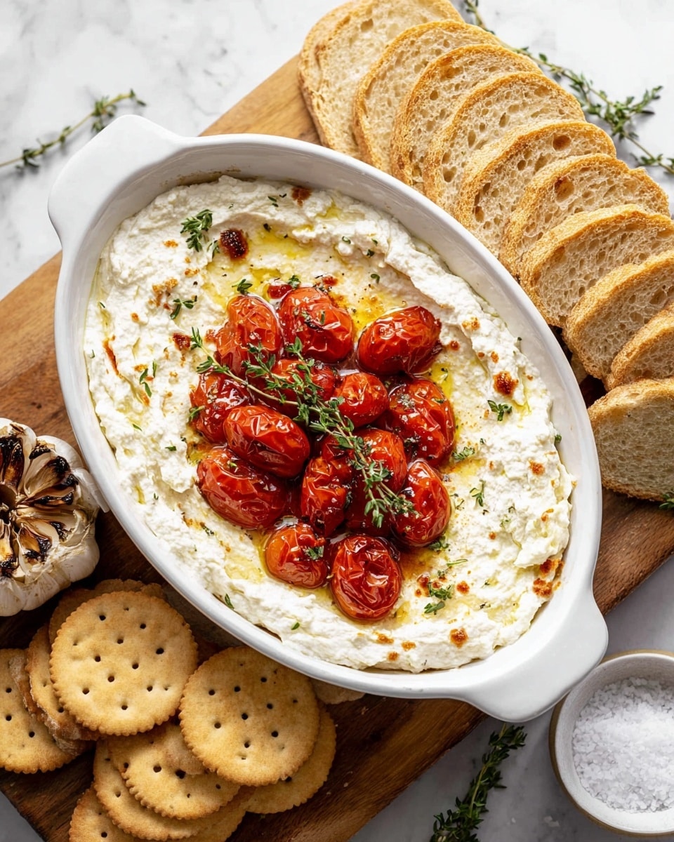 An oval white dish filled with two layers of creamy white dip, slightly browned on top, with a smooth and soft texture; the center is topped with a pile of shiny, bright red roasted cherry tomatoes and sprigs of fresh green thyme. The dish sits on a wooden board, surrounded by several slices of light brown seeded bread arranged upright, a few round light brown crackers with holes placed nearby, a halved roasted bulb of garlic with a dark caramelized surface at the bottom left, a small white bowl filled with coarse white salt on the top right, and a couple of fresh thyme sprigs on the white marbled surface background. Photo taken with an iphone --ar 4:5 --v 7