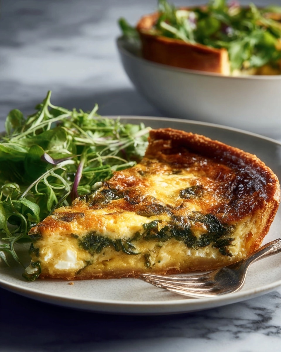 A golden brown quiche slice sits on a white plate, showing a thick crust forming the bottom layer with a slightly crispy texture and darker brown edges. Above this is a creamy, yellow egg filling embedded with bits of green spinach and small pieces of cheese, visible throughout with a soft, slightly bumpy texture. A silver fork rests near the quiche slice on the plate. Behind the quiche on the plate, there is a small serving of fresh green leafy salad with thin, slightly curled leaves and light stems. In the background, a white bowl filled with more green salad sits on a white marbled surface. The lighting highlights the rich colors and textures of the food. Photo taken with an iphone --ar 4:5 --v 7