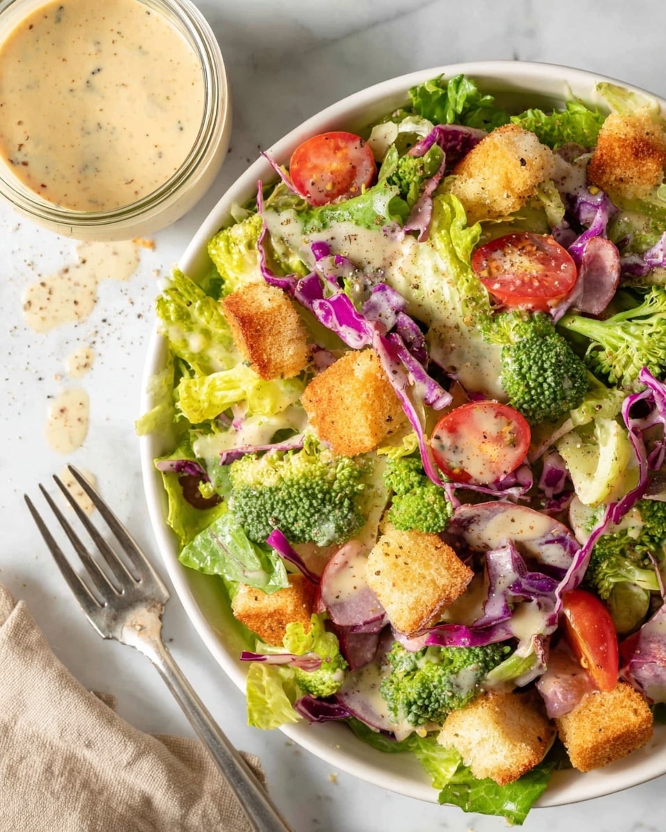 A fresh salad is shown in a white bowl on a white marbled surface, featuring a mix of green lettuce leaves as the bottom layer, bright purple cabbage pieces scattered on top, and small green broccoli florets for texture. Cherry tomato halves add red pops of color spread evenly throughout, while golden brown croutons float on the surface for crunch. The salad is lightly covered with a creamy, pale beige dressing sprinkled with black pepper. Nearby is a small glass container filled with more of the same dressing and a silver fork with crumbs near its prongs. Photo taken with an iphone --ar 4:5 --v 7