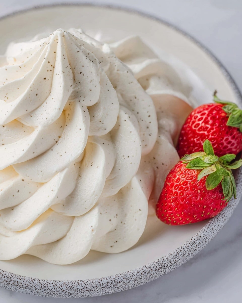 The image shows a close-up of a white creamy dessert with a smooth and fluffy texture, decorated with soft, wavy swirls and visible small vanilla seed specks throughout its surface. On one side, two whole bright red strawberries with green leaves rest gently on the cream, adding a fresh and vibrant contrast. The dessert is served on a white plate with a speckled gray rim, placed on a white marbled surface. photo taken with an iphone --ar 4:5 --v 7