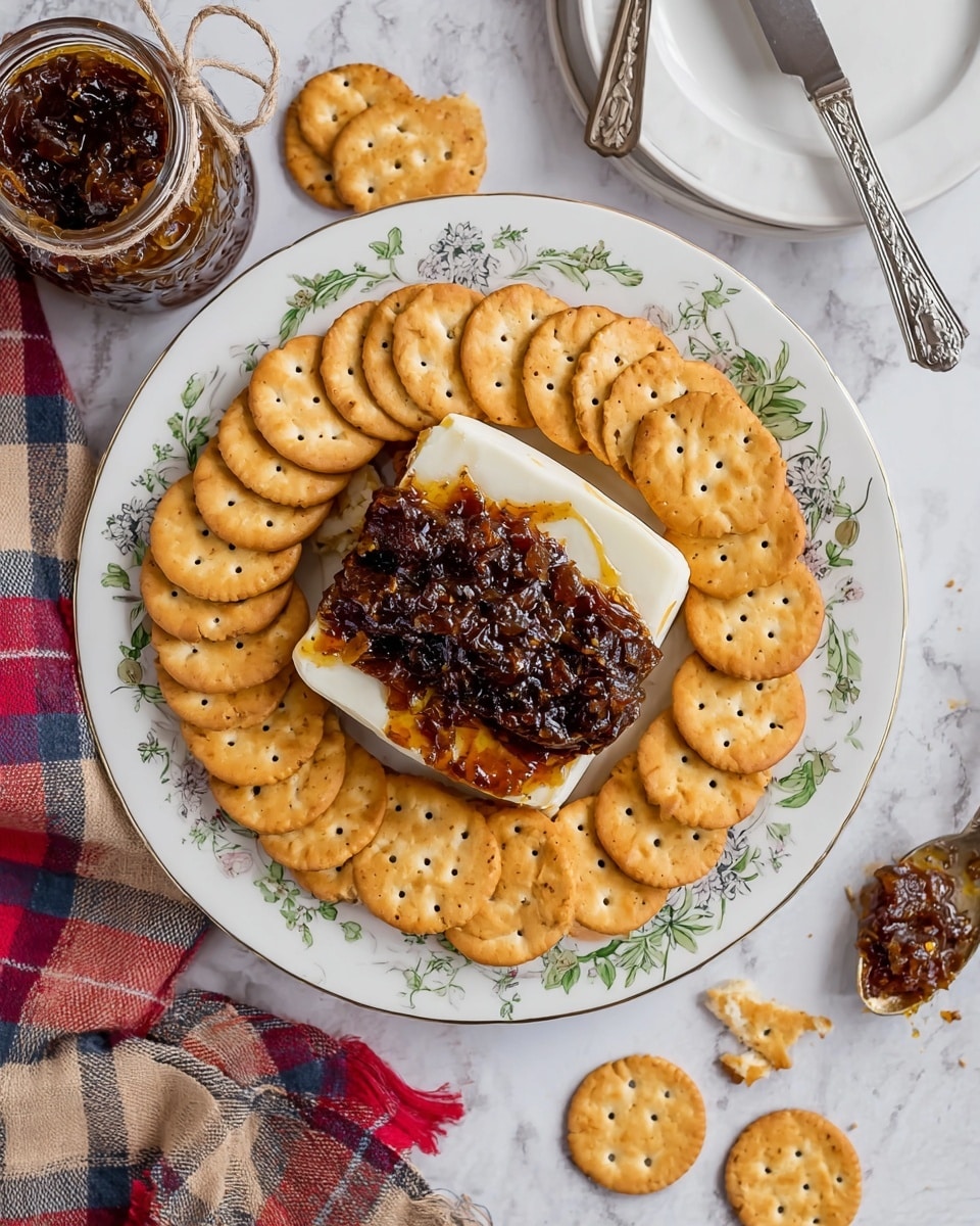 A round white plate with floral patterns holds a neatly arranged circle of golden, round crackers with small holes, forming the outer layer. In the middle of the plate, a soft, white block of cheese is topped with a thick layer of dark brown chutney that has visible chunks and a glossy texture. Around the plate, there are loose crackers, a jar of chutney tied with twine, and a silver spoon with some chutney on it, all placed on a white marbled surface. A white plate with a silver knife and spoon rests nearby alongside a red, beige, and blue checkered cloth. Photo taken with an iphone --ar 4:5 --v 7