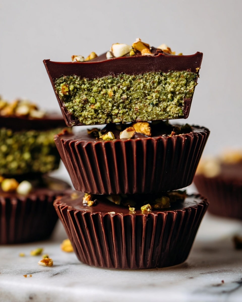 The image shows a stack of chocolate cups on a white marbled surface. Each cup has three visible layers: a dark brown, smooth chocolate base and top layer with a glossy texture; a thick, textured green layer in the middle made of finely chopped nuts or seeds; and a few small golden and white nut pieces sprinkled on top of the chocolate layer. The focus is on the two cups on top, with the top one cut in half to reveal the green middle layer clearly. The cups are held in dark brown, ridged paper wrappers. Photo taken with an iphone --ar 4:5 --v 7