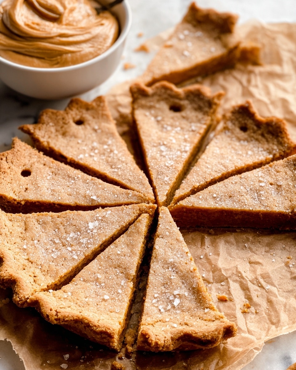 The image shows several triangular slices of crumbly brown shortbread arranged in a circular pattern on parchment paper atop a white marbled surface. The shortbread has a sugar-coated top with a slightly rough texture and small holes for venting, giving it a golden, baked look. At the bottom left corner, there is a white bowl filled with creamy, smooth peanut butter, featuring glossy swirls and a spoon inside. The composition highlights the contrast between the dry, grainy shortbread and the rich peanut butter nearby. Photo taken with an iphone --ar 4:5 --v 7