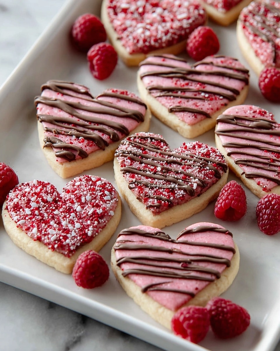 The image shows a white tray filled with heart-shaped cookies. Each cookie has three layers: the base is a light beige cookie, the second layer is pink and sprinkled with red and white sugar crystals, and the top layer has thin, dark brown chocolate lines drizzled across the hearts. Around the cookies, there are fresh red raspberries adding contrast. The tray is placed on a surface with a white marbled texture. Photo taken with an iphone --ar 4:5 --v 7