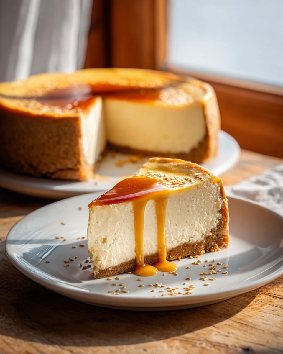 A close-up view of a creamy pie with two clear layers on a white plate: the bottom layer is a light tan crumbly crust, the middle layer is a thick, smooth beige filling, and the top layer is a shiny golden caramel glaze dripping down the side, decorated with small white seeds scattered on top. The pie is placed near a window, sitting on a white marbled surface that captures warm sunlight, enhancing the golden colors and creamy textures of the pie. photo taken with an iphone --ar 4:5 --v 7