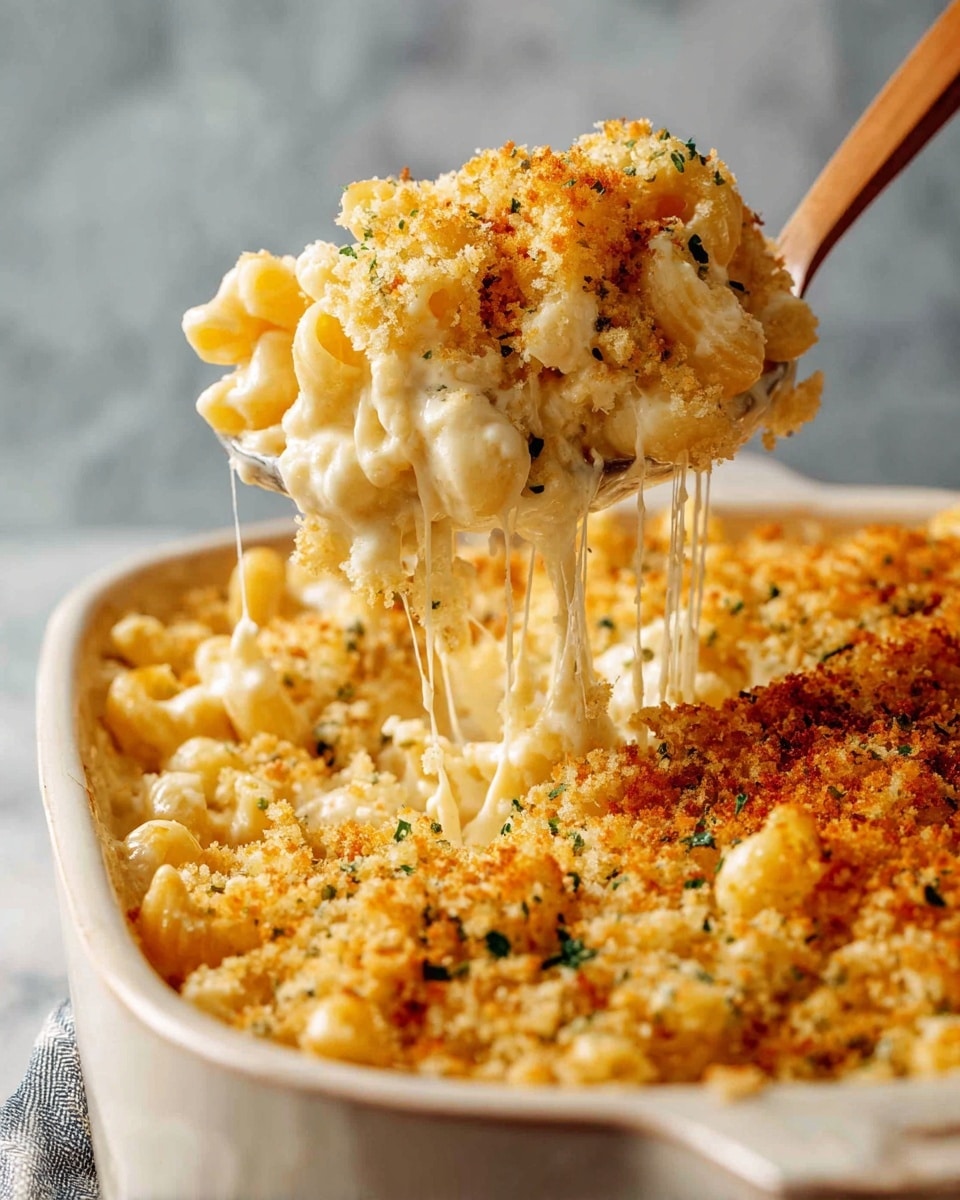 A close-up view of creamy macaroni and cheese being lifted with a spoon from a white ceramic baking dish. The dish has a crispy golden brown breadcrumb layer on top with small green herb flakes scattered across it. The macaroni pasta beneath is coated in a rich, cheesy sauce, melting and stretching as it is lifted. The white marbled surface beneath the dish adds a clean background, highlighting the warm and gooey texture of the dish. photo taken with an iphone --ar 4:5 --v 7