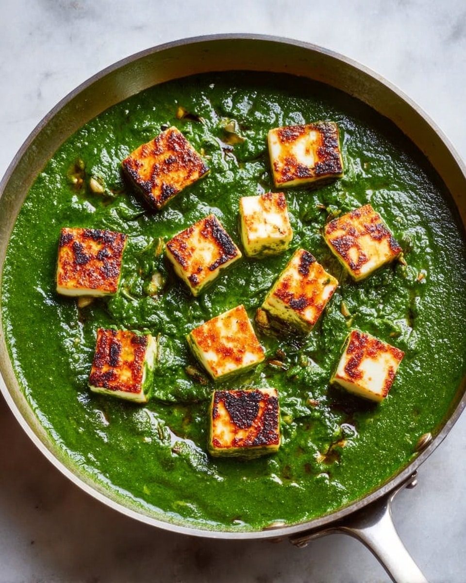 A round silver pan filled with a thick, green spinach sauce that covers the entire base of the pan. Scattered on top are golden brown, seared cubes of paneer cheese that have a slightly crispy texture with some dark grill marks. The spinach sauce looks smooth with tiny bits of spinach visible, and there is a subtle shine of oil on the surface. The pan is set on a white marbled surface. photo taken with an iphone --ar 4:5 --v 7