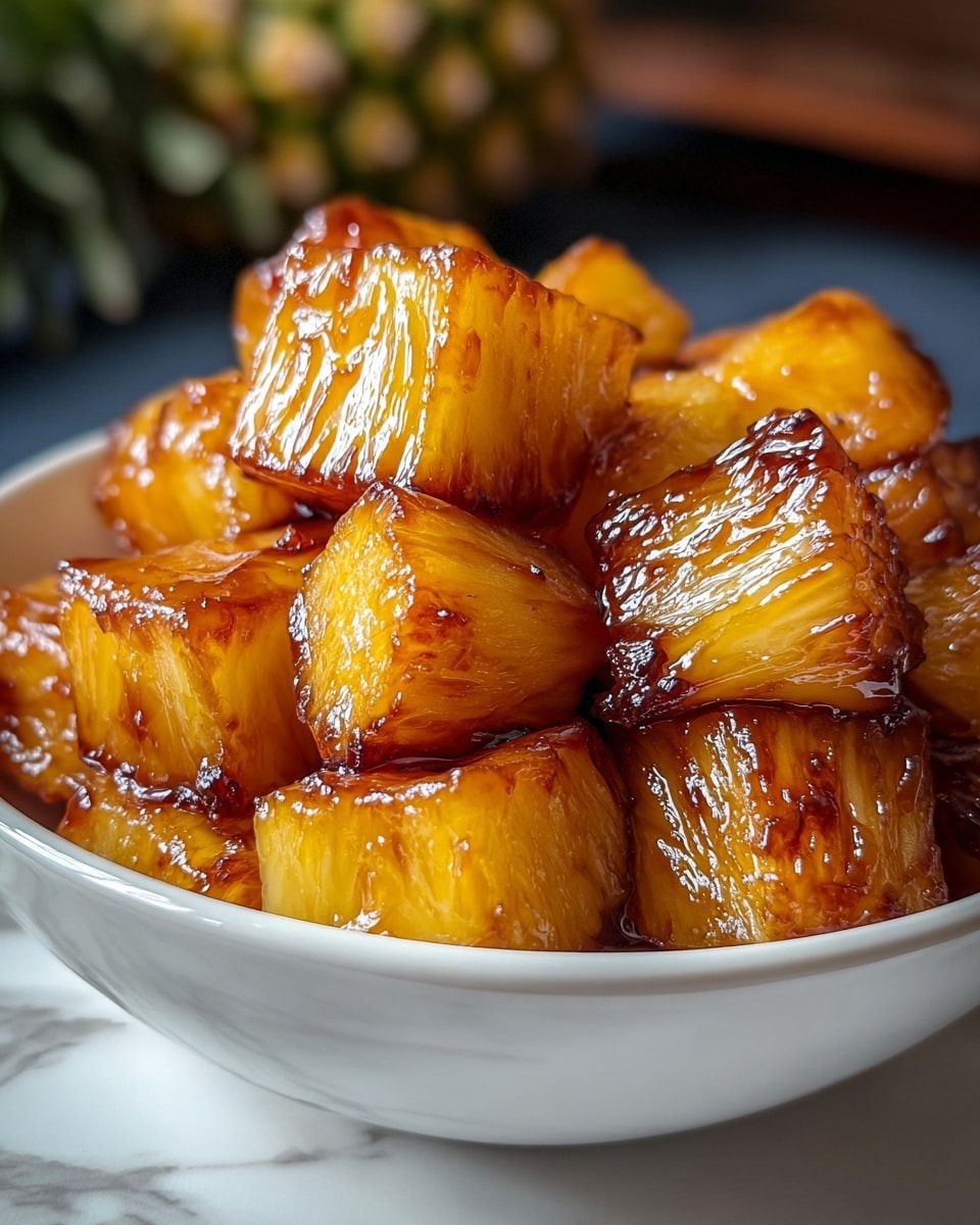 The image shows a close-up of a white bowl filled with thick, juicy pineapple chunks coated in a shiny, caramelized glaze. The pineapple pieces are stacked, each cube showing a golden yellow color with rich brown, sticky caramel edges that give a glossy, textured look. The bowl sits on a white marbled surface with a soft focus background that hints at dark and light colors, making the bright pineapple stand out strongly. photo taken with an iphone --ar 4:5 --v 7