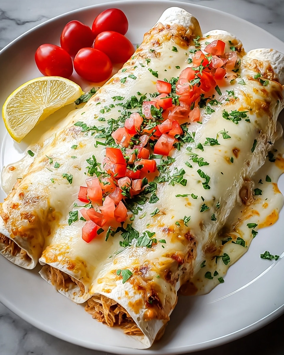 Three rolled tortillas filled with a mixture of shredded chicken and sauce are placed side by side on a white plate. The tortillas are covered with a thick, creamy layer of melted white cheese with subtle yellow spots from the sauce beneath it. Fresh, finely chopped green herbs are sprinkled over the cheese, and a line of diced bright red tomatoes with small green leaves runs along the center on top. To the side of the tortillas, there are several whole, round red cherry tomatoes and a small wedge of lemon near the plate's edge. The plate is set on a white marbled surface. photo taken with an iphone --ar 4:5 --v 7