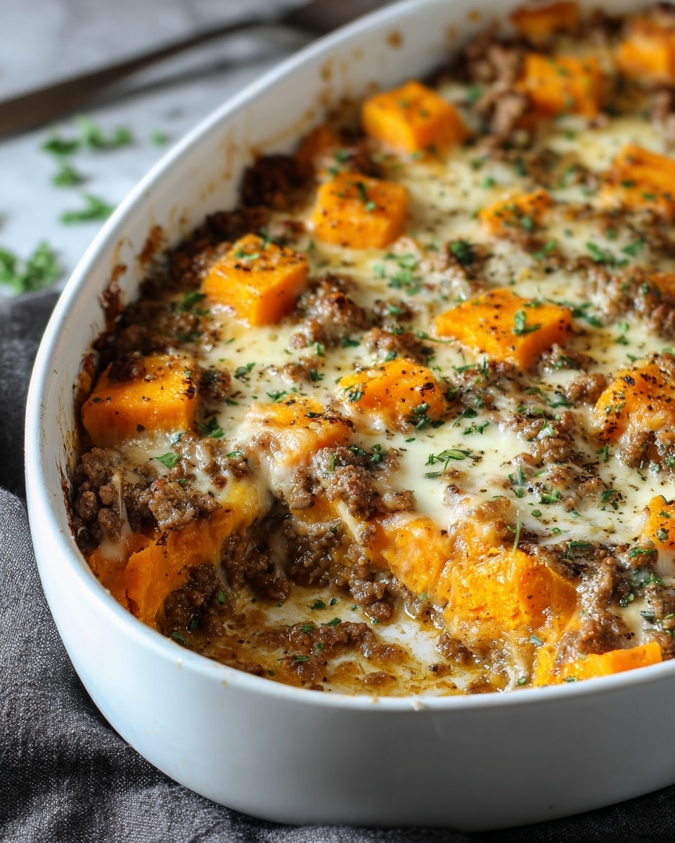 The dish is shown in a white oval baking dish filled with a baked casserole made of three main layers; the bottom layer is a light brown creamy sauce, the middle layer contains browned ground meat mixed with cooked orange sweet potato cubes, and the top layer is melted cheese with a golden brown finish, sprinkled with chopped green herbs and some black pepper. The edges of the sweet potato cubes are slightly crispy, and the casserole has a moist, hearty texture. The white marbled surface is faintly visible in the background along with a dark cloth partially underneath the dish. photo taken with an iphone --ar 4:5 --v 7