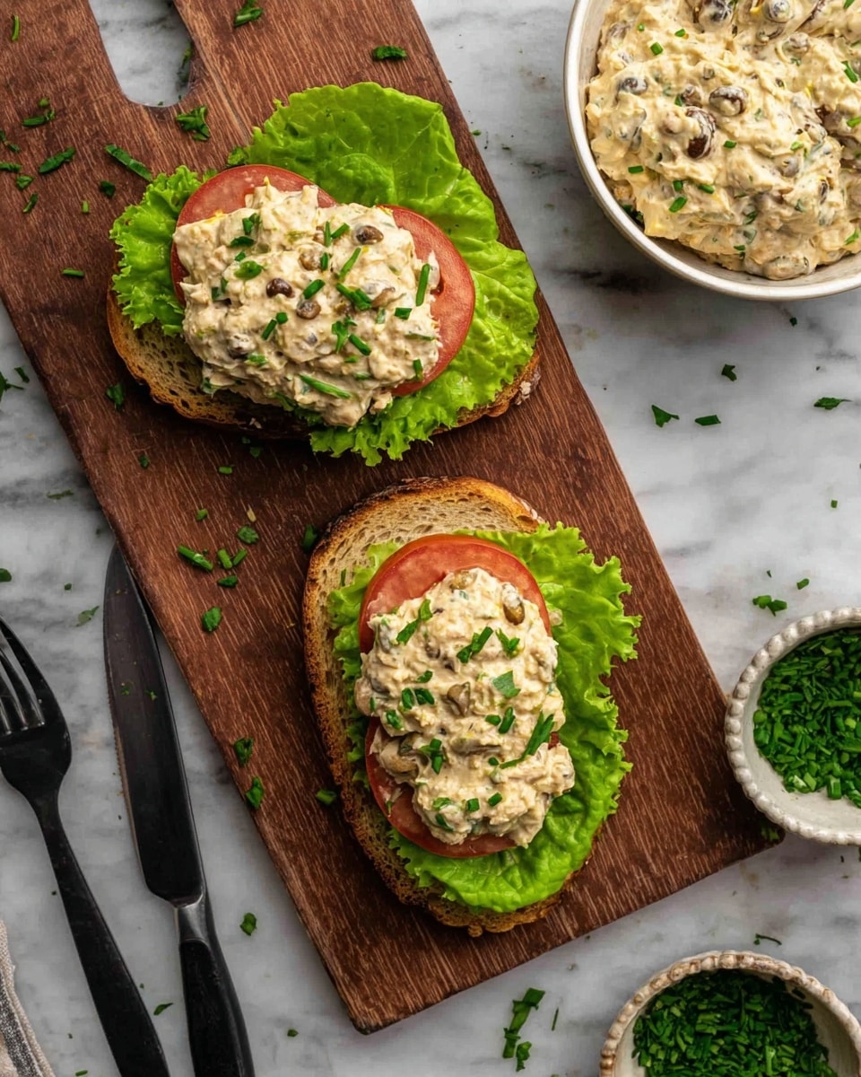 Two open-faced sandwiches sit on a wooden cutting board. Each sandwich has a thick slice of toasted brown bread as the base, topped with a large green lettuce leaf, then a thick slice of red tomato, and finally a creamy, chunky beige spread with small dark bits throughout. Fresh green chopped herbs are sprinkled on top of the spread and around the board. Nearby, a white bowl filled with more of the creamy spread and a small white bowl with chopped herbs sit on a white marbled surface. Two black forks and a knife rest nearby. Photo taken with an iphone --ar 4:5 --v 7