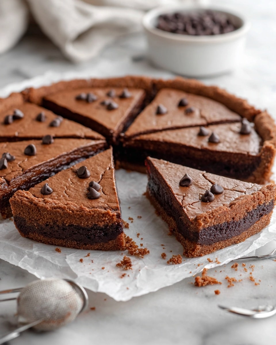 A chocolate tart cut into six triangular slices sits on white parchment paper over a white marbled surface. The tart has three main layers: a thick, crumbly dark brown crust on the bottom and sides, a moist and dense dark chocolate filling in the middle, and a smooth, cracked lighter brown chocolate top layer. Small chocolate chips are scattered on top of the tart and around it on the surface. A metal tea strainer lies near the tart with some crumbs around it. In the background, a white bowl with more chocolate chips is visible. Photo taken with an iphone --ar 4:5 --v 7