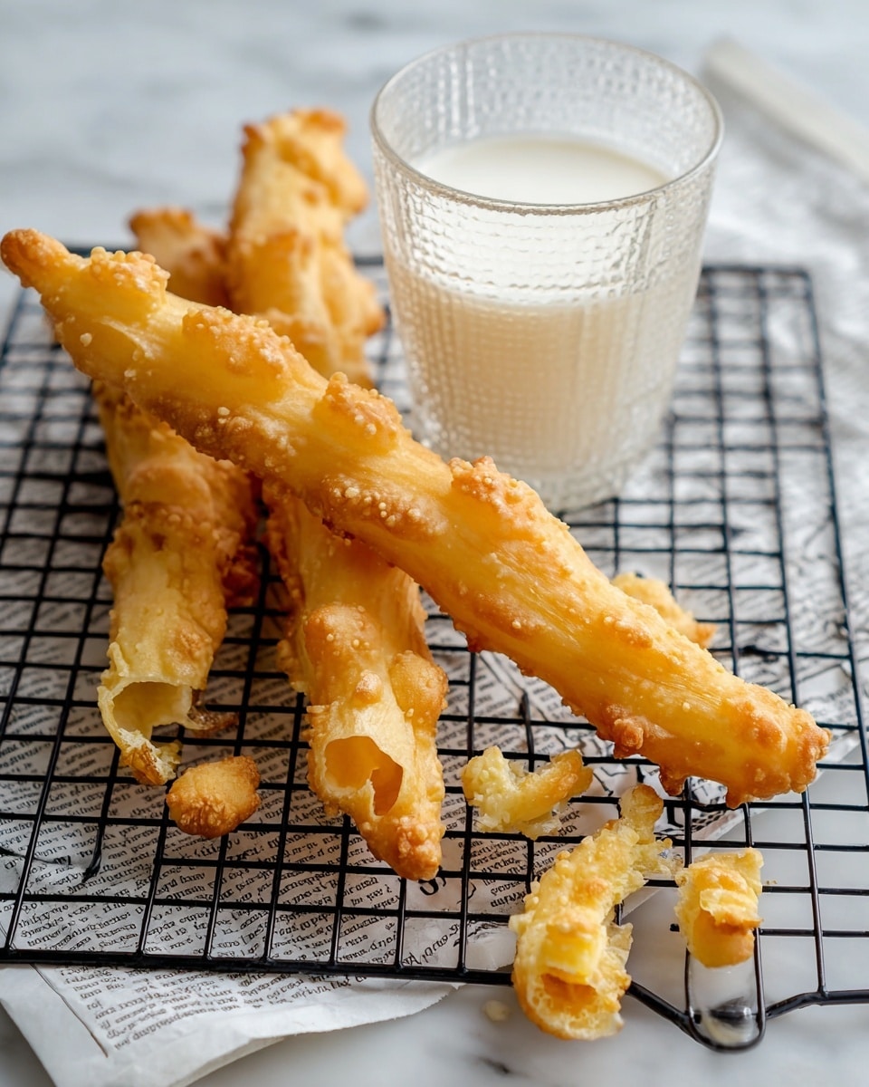 The image shows a few golden-brown fried dough sticks resting on a black cooling rack with some small torn pieces scattered around. Each dough stick has a crispy, bubbly texture with a hollow interior visible in the torn pieces. To the right, there is a clear textured glass filled with a white liquid, likely milk. The rack is placed over folded newspapers, all set on a white marbled surface. The overall color scheme contrasts the warm tones of the dough sticks with the cool white background and glass. photo taken with an iphone --ar 4:5 --v 7