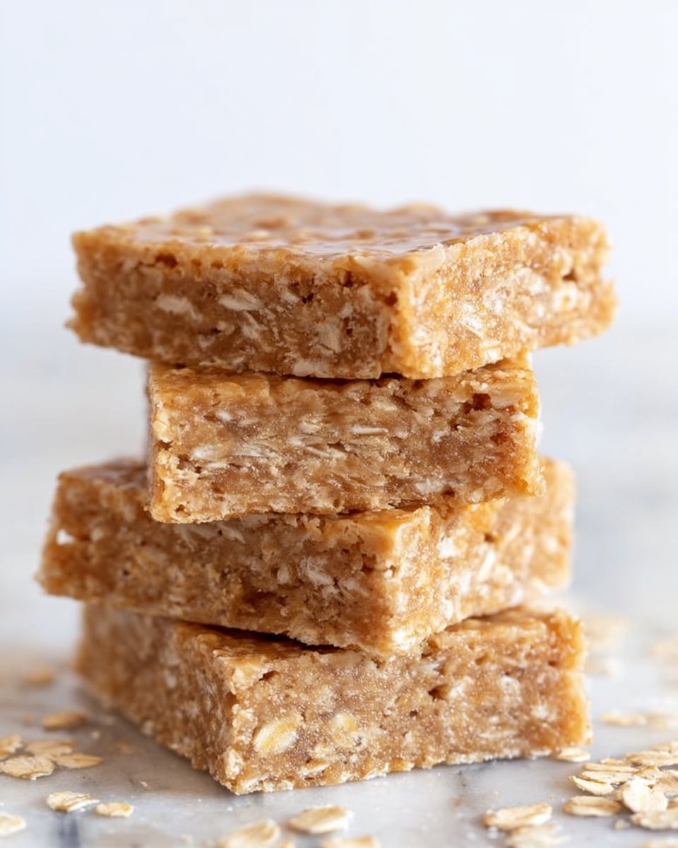A stack of four square oat bars is shown close up, each bar having a rough, crumbly texture with visible oat flakes throughout. The bars are light brown with a slightly glossy top layer from a syrup or honey glaze, and the edges are straight and even. The stack is placed on a surface with a white marbled texture, and some scattered oat flakes surround the bars, adding to the natural and homemade feel. photo taken with an iphone --ar 4:5 --v 7