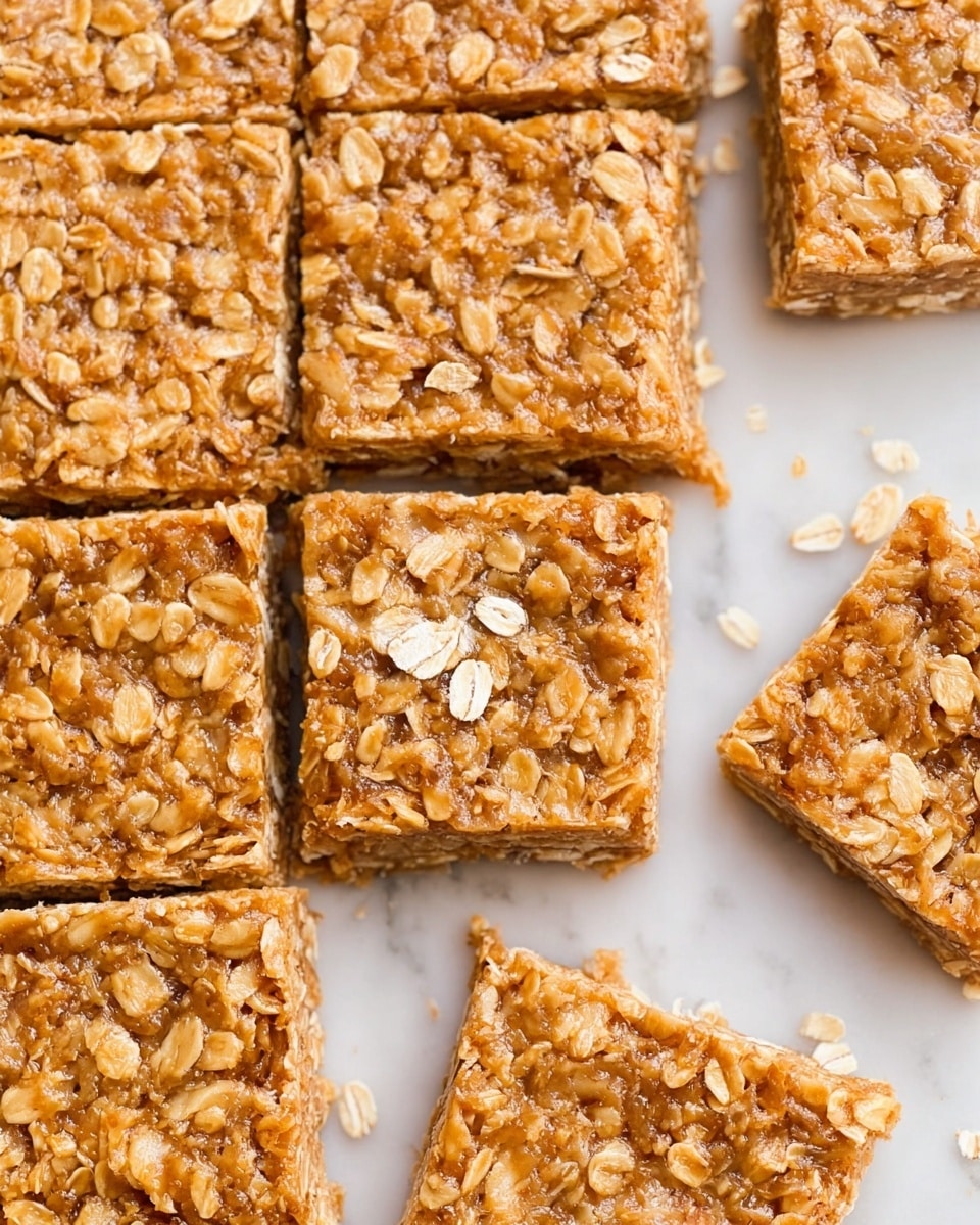 The image shows nine square oat bars arranged closely on a white marbled surface, each bar has a rough, textured top with visible oatmeal flakes fused together in a golden-brown color. One bar is slightly lifted and tilted on the others, showing its thickness and the dense oat mixture inside. A few loose oatmeal flakes are scattered on top of some bars, adding a natural touch. The bars look soft but firm with a homemade appearance. photo taken with an iphone --ar 4:5 --v 7
