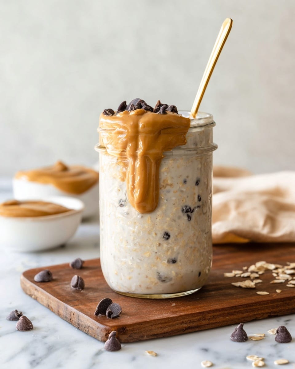 A clear glass jar filled with a creamy off-white oatmeal base layer, dotted with small dark chocolate chips. On top of the oatmeal is a thick layer of smooth peanut butter, lightly dripping down the sides of the jar. Inside the jar is a golden spoon standing upright. Nearby, a wooden board holds scattered dark chocolate chips, and there is a white bowl with more chocolate chips and a dollop of peanut butter in the background, all set on a white marbled surface. Photo taken with an iphone --ar 4:5 --v 7