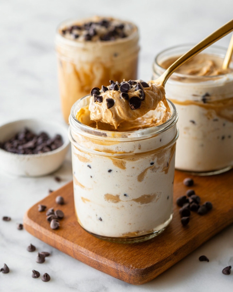 A clear glass jar is filled with three visible layers: the bottom layer is a creamy white base, the middle layer is a mix of light tan peanut butter swirled into the white base, and the top layer consists of thick creamy mixture with dark chocolate chips scattered over it. A gold spoon scoops into the top layer, showing the creamy texture mixed with peanut butter and chocolate chips. The jar sits on a wooden board with scattered chocolate chips around it, set against a white marbled background. In the background, there are two more jars with the same creamy mixture and a small white bowl filled with chocolate chips. Photo taken with an iphone --ar 4:5 --v 7