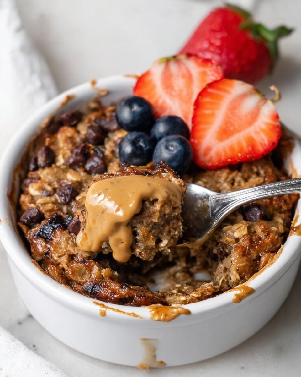 A white bowl filled with a warm oatmeal bake showing a rough textured layer of cooked oats mixed with chocolate chips, topped with a drizzle of creamy light brown peanut butter in the center, fresh dark blue blueberries scattered on top, and two bright red sliced strawberries positioned on one side; a spoon with oatmeal rests inside the bowl, lifting a scoop of the oat mixture, all placed on a white marbled surface. photo taken with an iphone --ar 4:5 --v 7