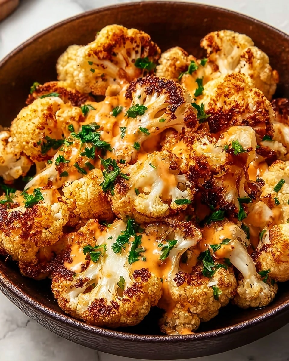 A bowl filled with golden-brown roasted cauliflower florets, each piece showing crispy, charred edges and a soft creamy white inside, all topped with a drizzle of light orange sauce that pools slightly on the surface, and sprinkled with small green parsley leaves adding a fresh look. The bowl has a dark brown rough texture and rests on a white marbled surface photo taken with an iphone --ar 4:5 --v 7
