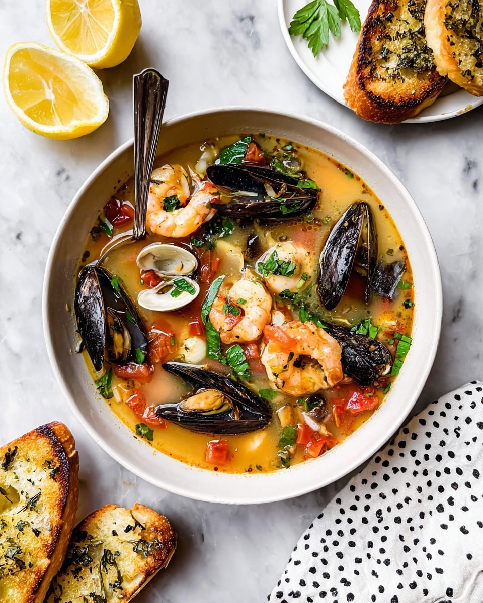 The image shows a white bowl filled with a seafood soup that has a clear, golden broth. The soup has several layers: the bottom layer is the light broth, scattered with bright red diced tomatoes. Above this layer are plump orange shrimp curled around white scallops and dark black mussels with open shells. Fresh green herbs are sprinkled on top, adding a fresh touch. A silver spoon rests inside the bowl on the left. Around the bowl on a white marbled surface are two lemon halves and two pieces of toasted bread with herbs, along with a white cloth with black dots to the right. photo taken with an iphone --ar 4:5 --v 7