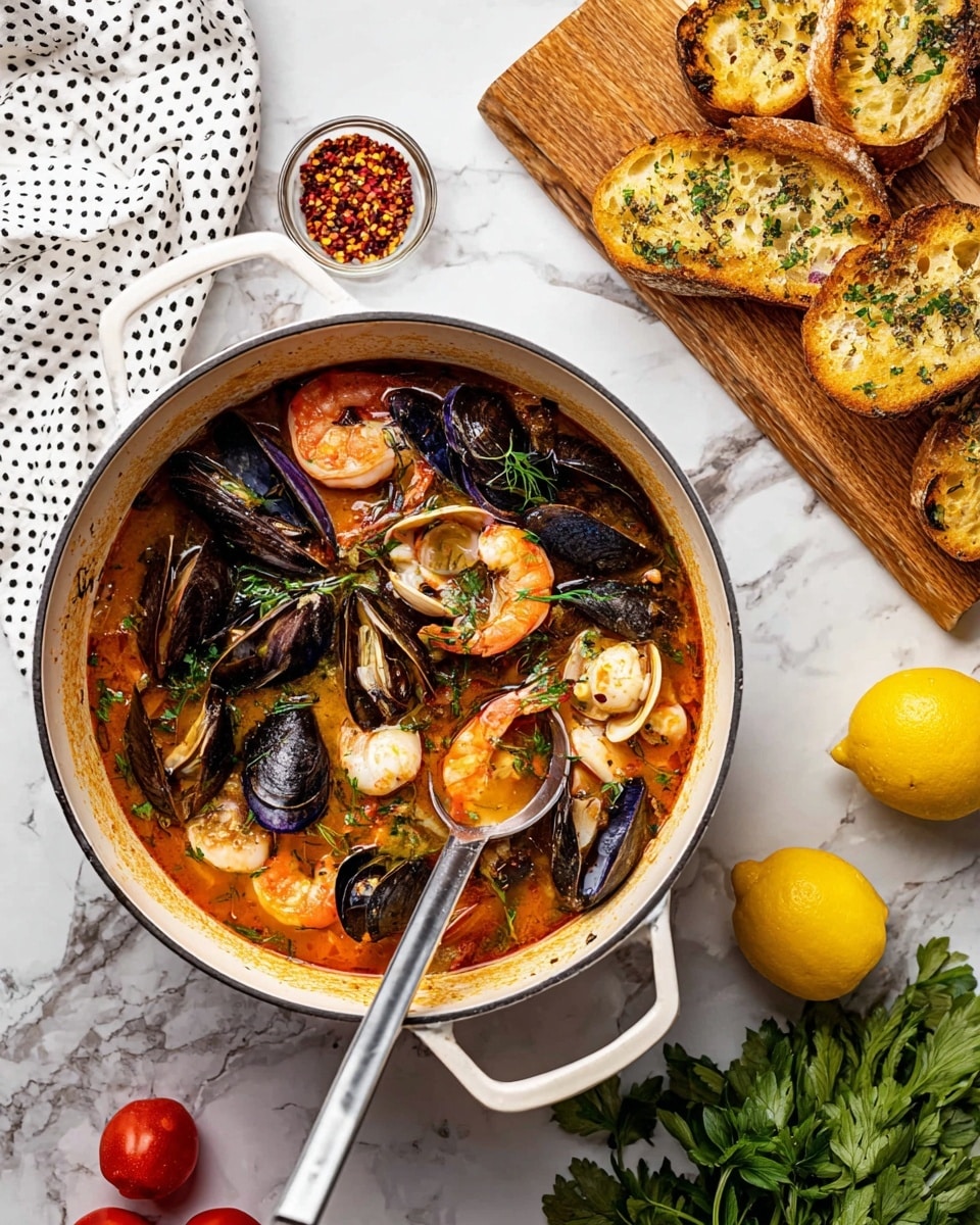 A large white pot filled with a seafood stew showing multiple layers, starting with a clear orange-red broth base, topped with shrimp that are pink with orange stripes, black mussels with shiny dark shells, white scallops, and small pieces of green herbs scattered on top. The pot sits on a white marbled surface with a silver ladle resting inside. To the top right, there is a wooden board with toasted slices of golden brown bread sprinkled with herbs. Surrounding the pot on the white marbled surface are fresh green herbs, halved yellow lemons, small red cherry tomatoes, and a small clear bowl of red chili flakes placed nearby. A white cloth with black dots is seen in the upper left corner. photo taken with an iphone --ar 4:5 --v 7