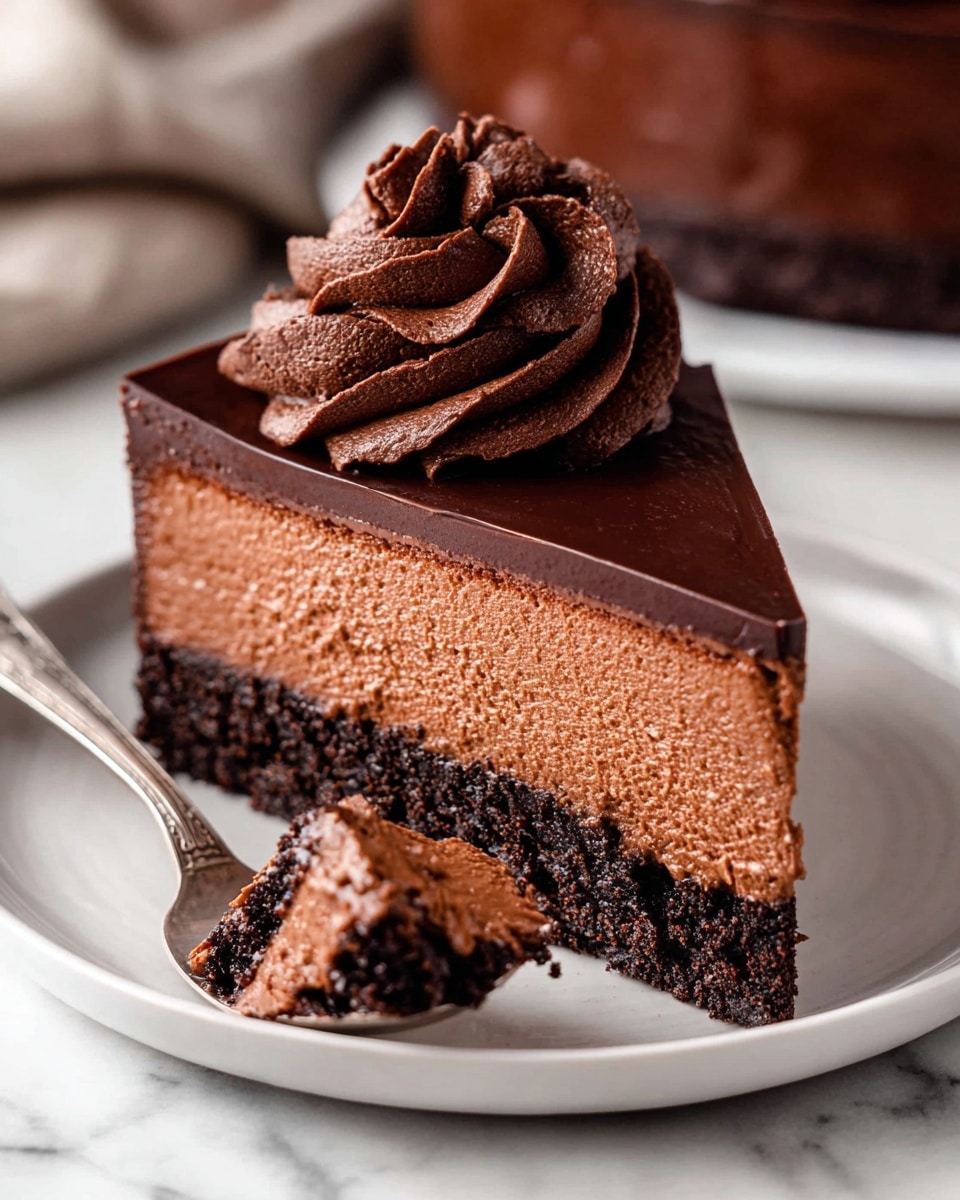 A slice of chocolate cake with three clear layers is shown on a white plate placed on a white marbled surface. The bottom layer is a dark, crumbly chocolate crust. The middle layer is thick, light brown chocolate mousse with a creamy and smooth texture. The top layer is a thin, glossy dark chocolate ganache covering the mousse perfectly. On top of the ganache is a swirl of rich, dark chocolate whipped frosting with a soft texture. In front of the plate is a spoon holding a bite-sized piece of the mousse with some crust on it. Photo taken with an iphone --ar 4:5 --v 7